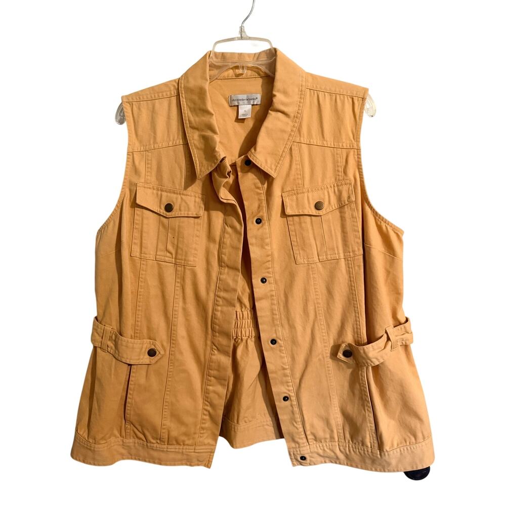 Christopher & Banks Utility Safari Vest XL 100% Cotton Snap Front Harvest Gold